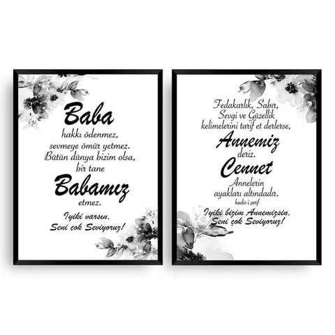 Poster Anne und Baba | Set grey flowers - Mutter und Vater Set mit grauen Blumen - Wandschmuck-Shop.de